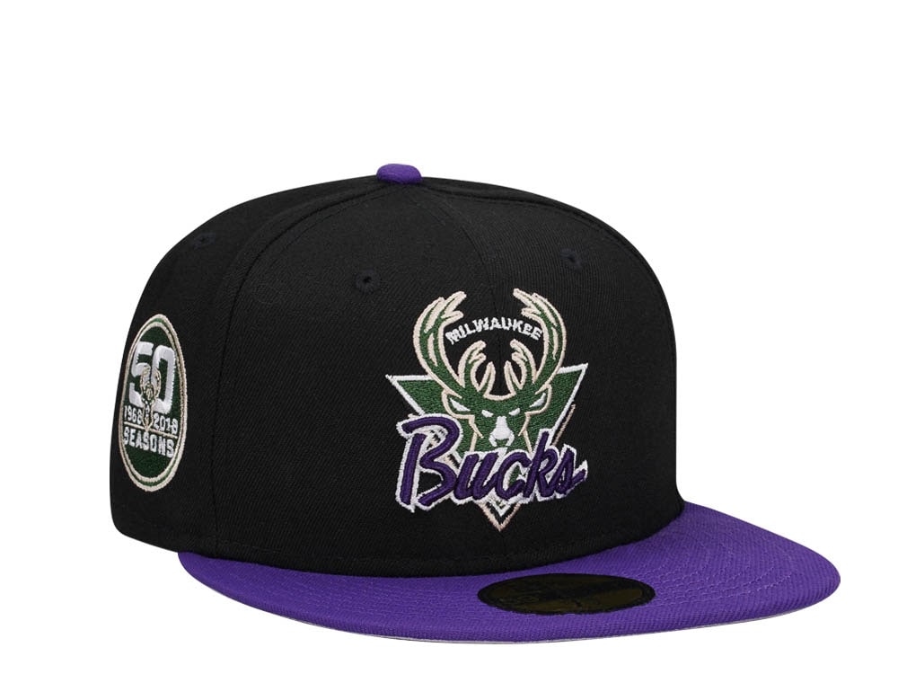 New Era Milwaukee Bucks 50th Anniversary Black Purple Two Tone Classic Edition 59Fifty Fitted Hat