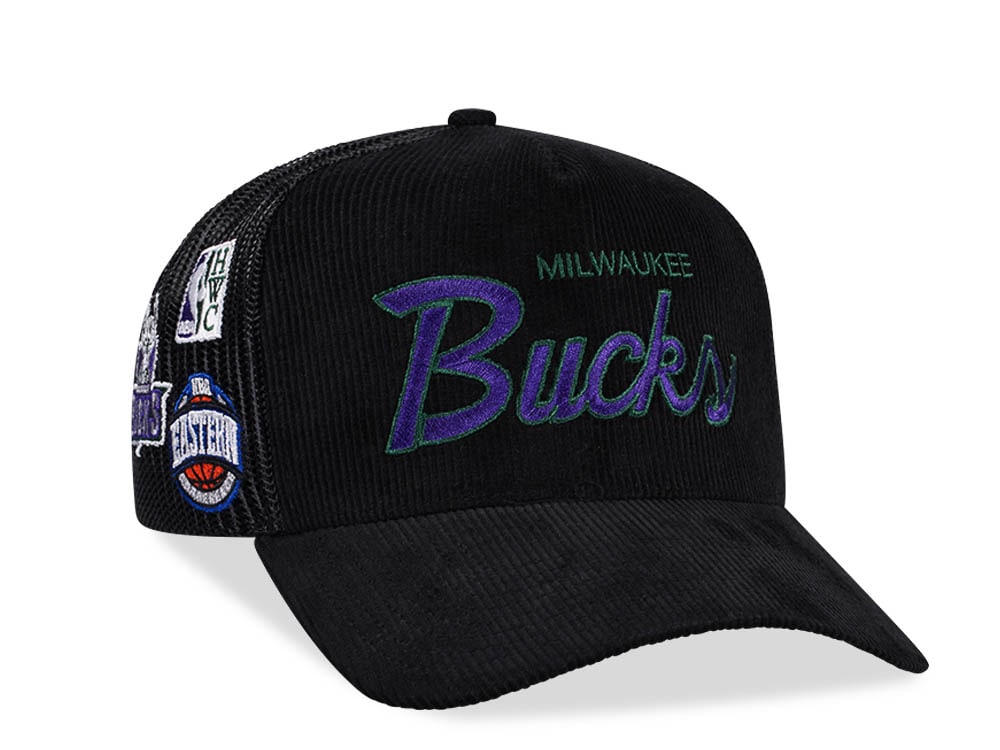 Mitchell & Ness Milwaukee Bucks Times up Black Cord Hardwood Classic Trucker Snapback Hat